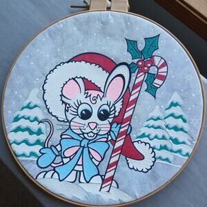 Christmas Mouse Winter Holiday Hoop Decor 14" snow candy cane santa hat